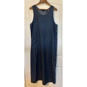 Karen Scott Women Jumper Dress Medium Maxi Blue Denim Sleeveless Pockets Modest
